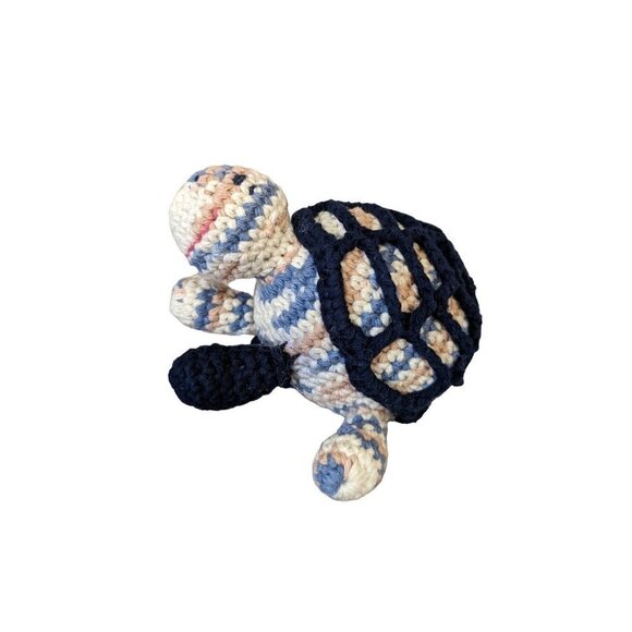 Hand Crocheted Yarn Blue tan  Turtle Plush Stuffed Animal Rattle  6in - Picture 5 of 8